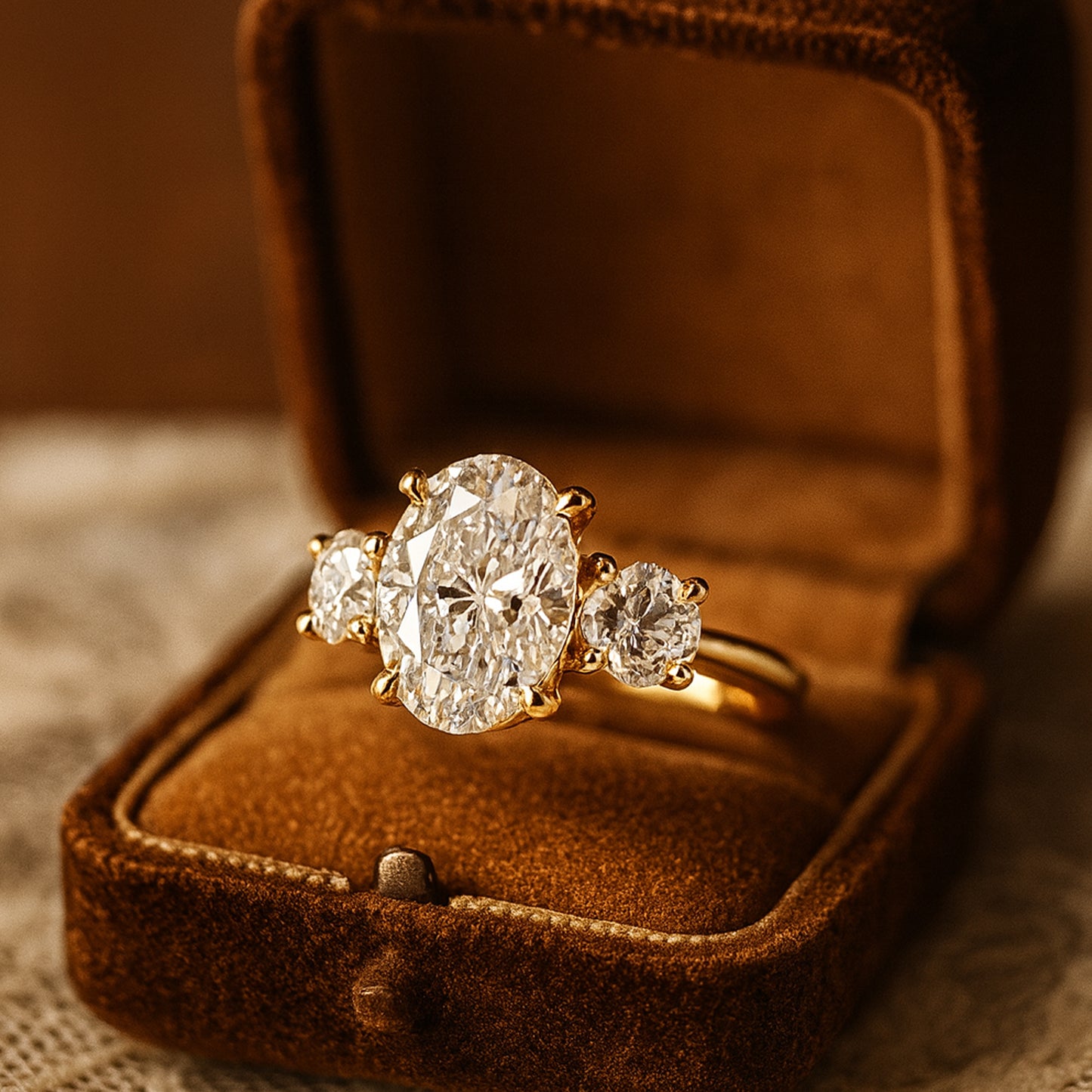 Diiro Oval Diamond Engagement Ring In Gold, Showcasing A Three-Stone Design That Radiates Warmth, Grace, And Modern Sophistication