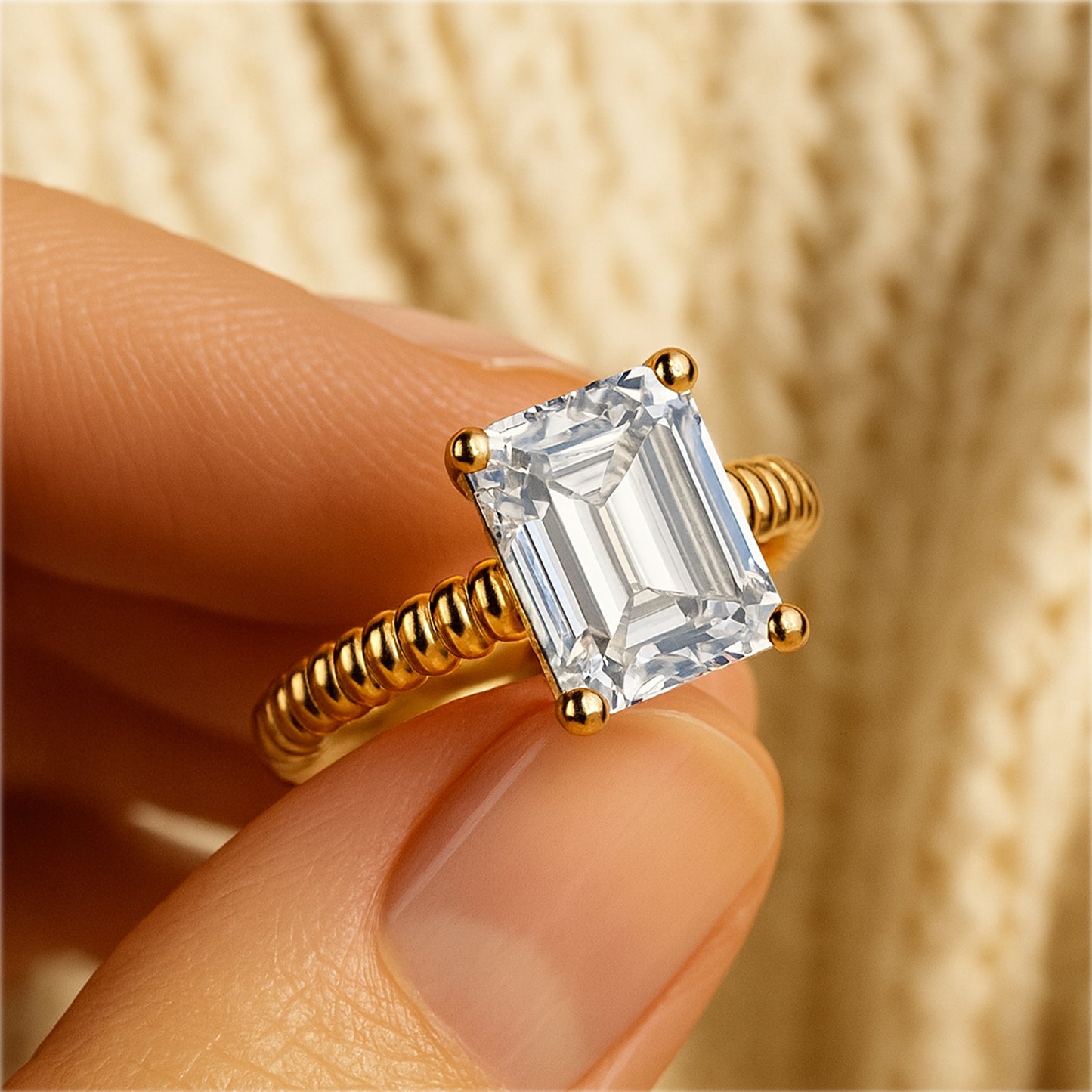 Emerald-Cut Diamond Ring Close-Up - Premium Quality Ribbed Gold Setting By Diiro