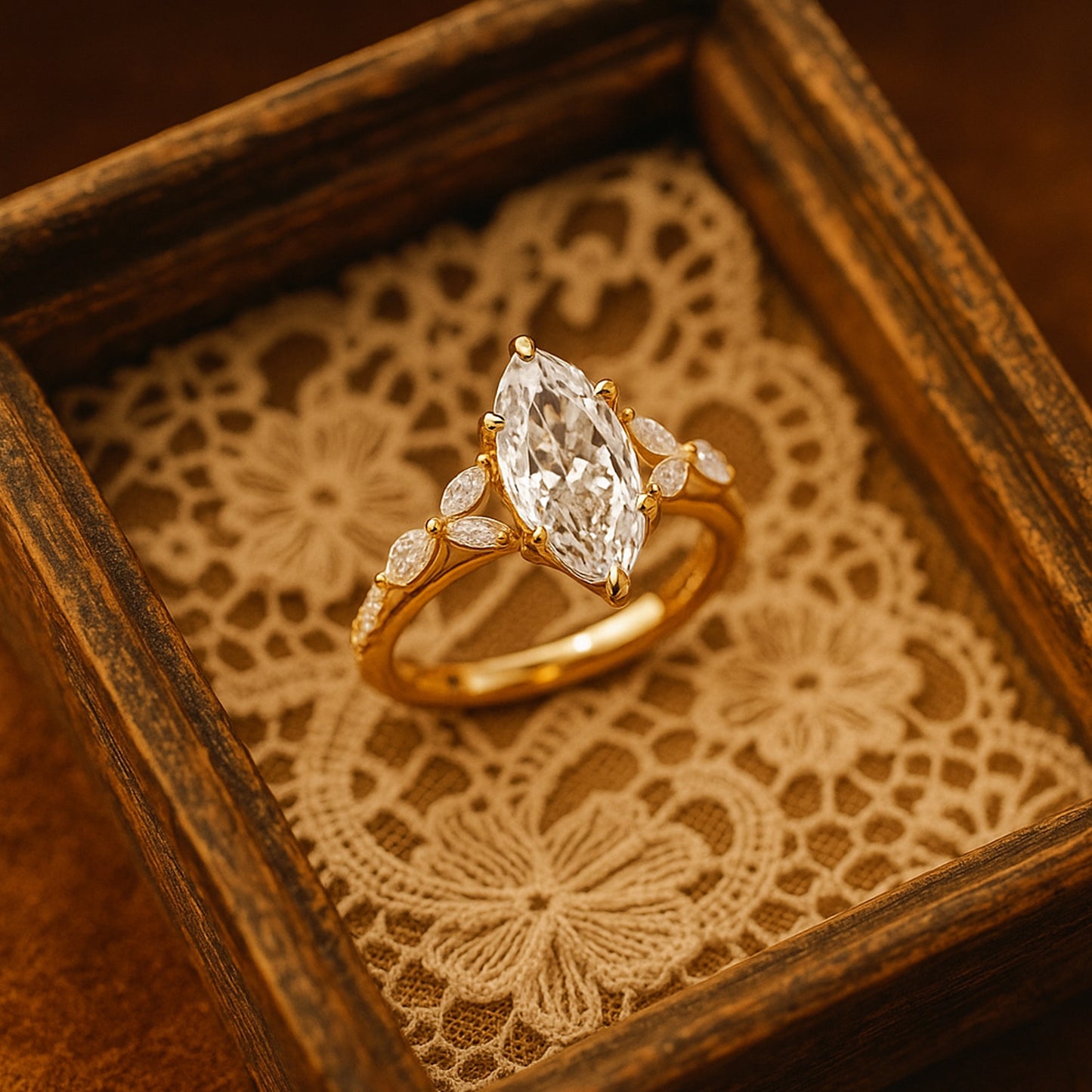 Moissanite Marquise Cut Engagement Ring - Wedding Proposal Gemstone With Side Stone Details