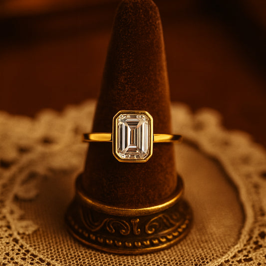 Elegant Emerald Cut Moissanite Ring In Gold For March Birthstone Lovers, A Perfect Diamond Alternative For Engagement Or Anniversary.