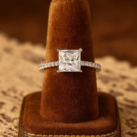 Princess Cut VVS1 Moissanite Engagement Ring With Pave Band Displayed In Vintage Box, Elegant Gold Wedding Ring For Women