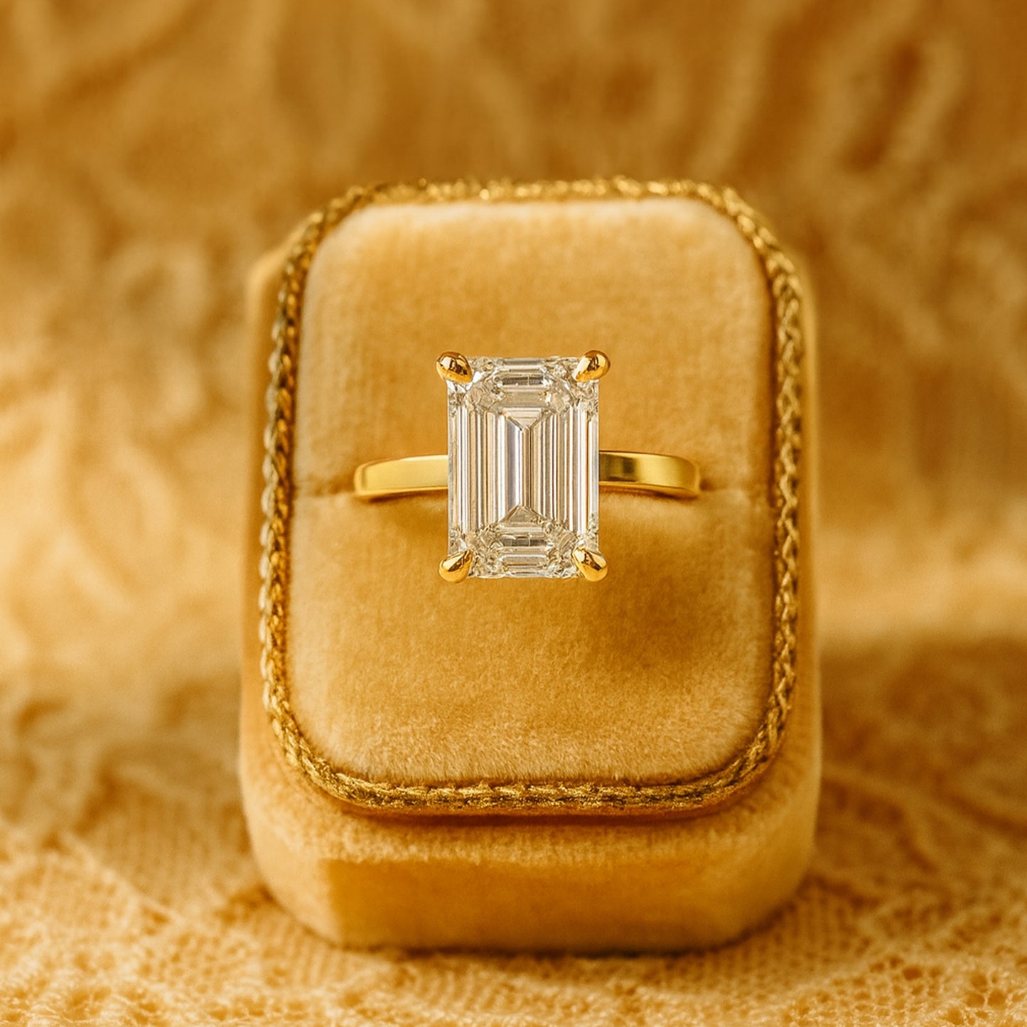 Modern Emerald Cut Moissanite Ring With Sleek Gold Band, Bridal Jewelry Symbolizing Timeless Love.