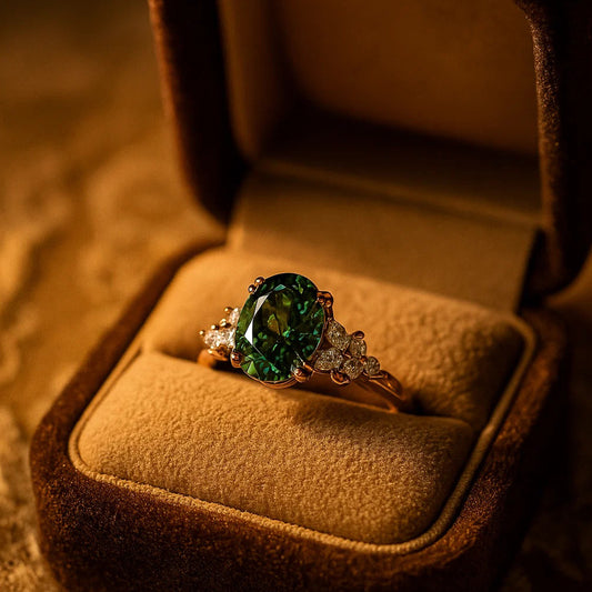 Oval Green Moissanite Ring VVS1 Clarity With Marquise And Round Diamond Accents Vintage Cluster Setting