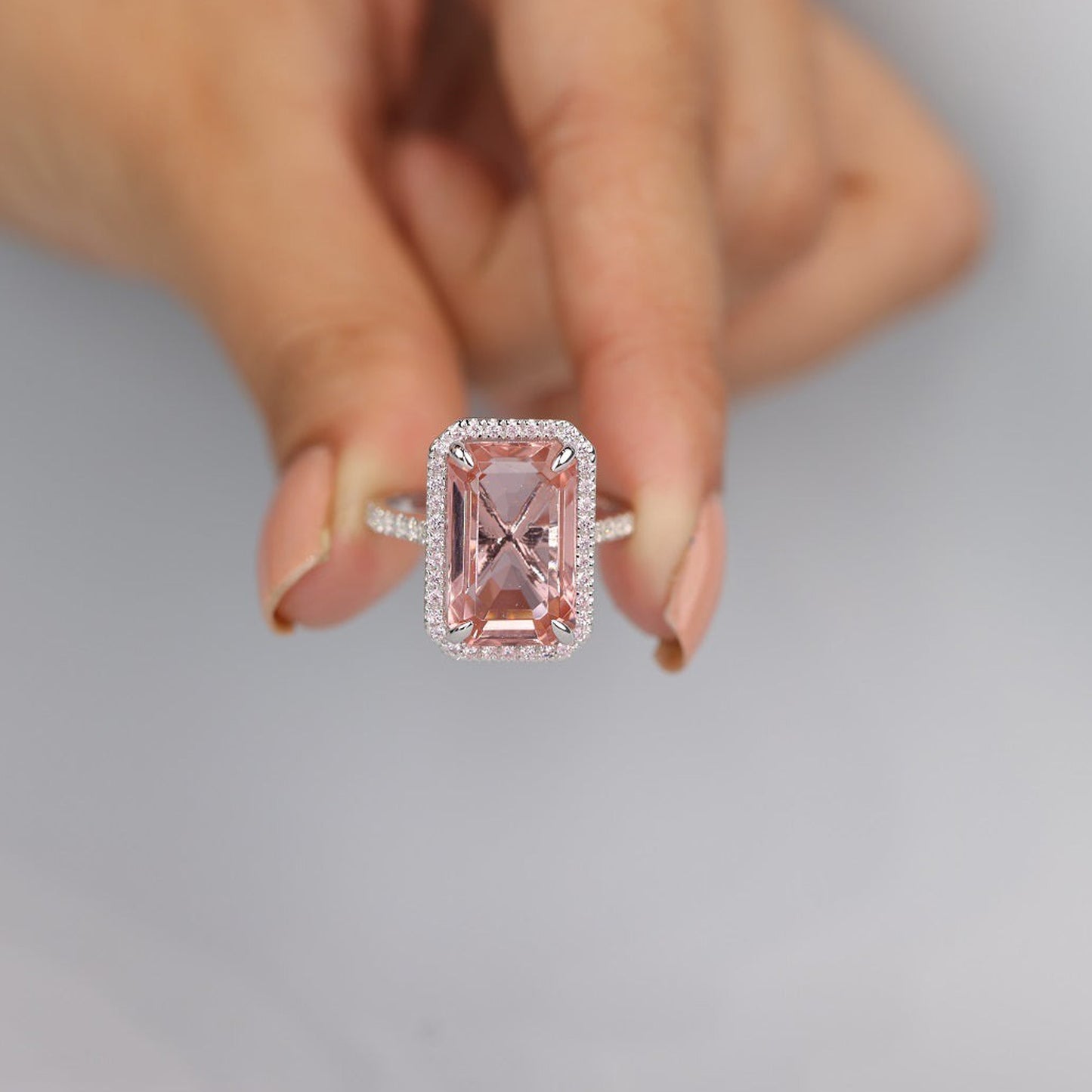 Moissanite Halo Pink Ring, Emerald Cut Morganite 14K Gold Engagement Fine Jewelry With Design