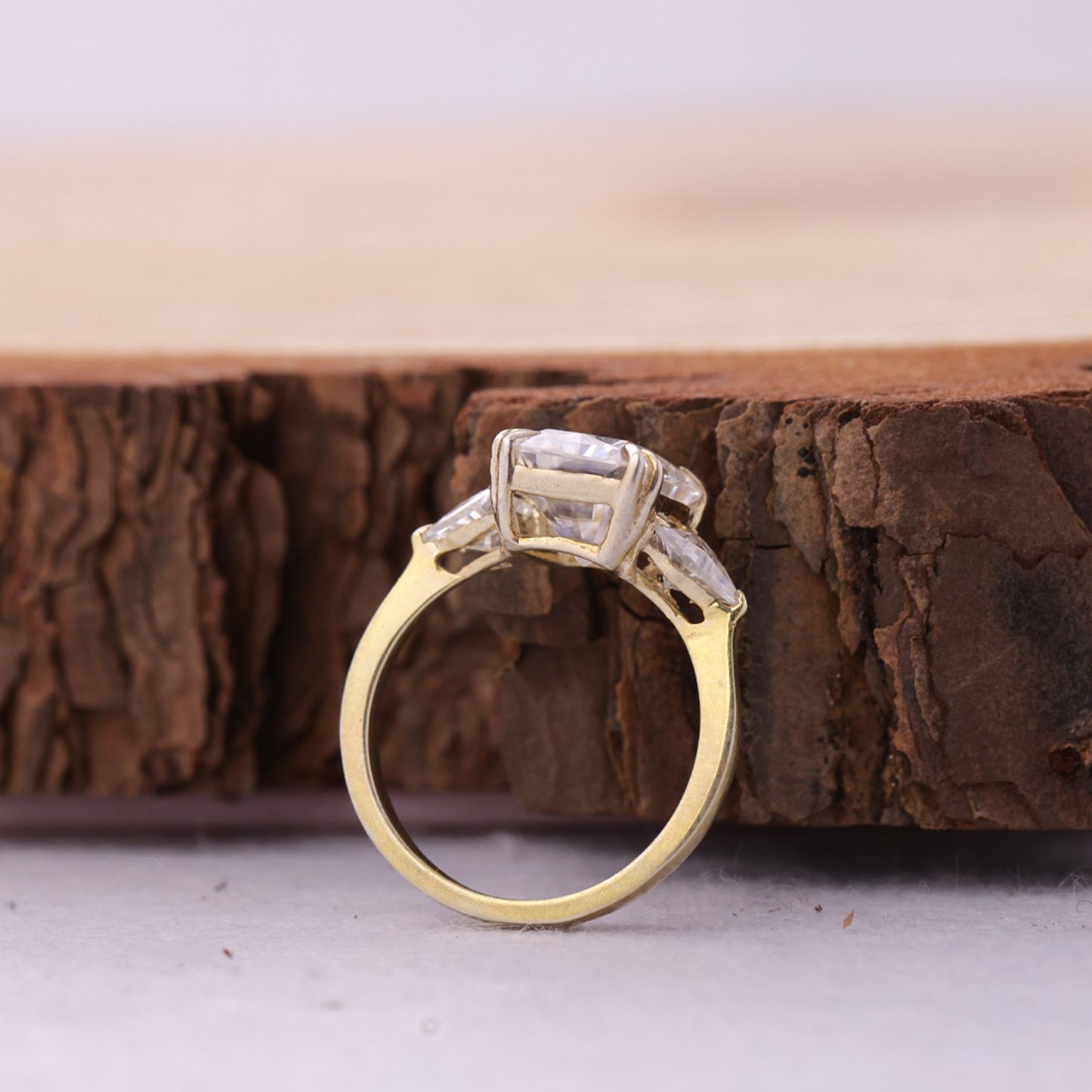 Moissanite Trilogy Ring, Cushion Cut Yellow Gold Engagement Fine Jewelry With Beauty