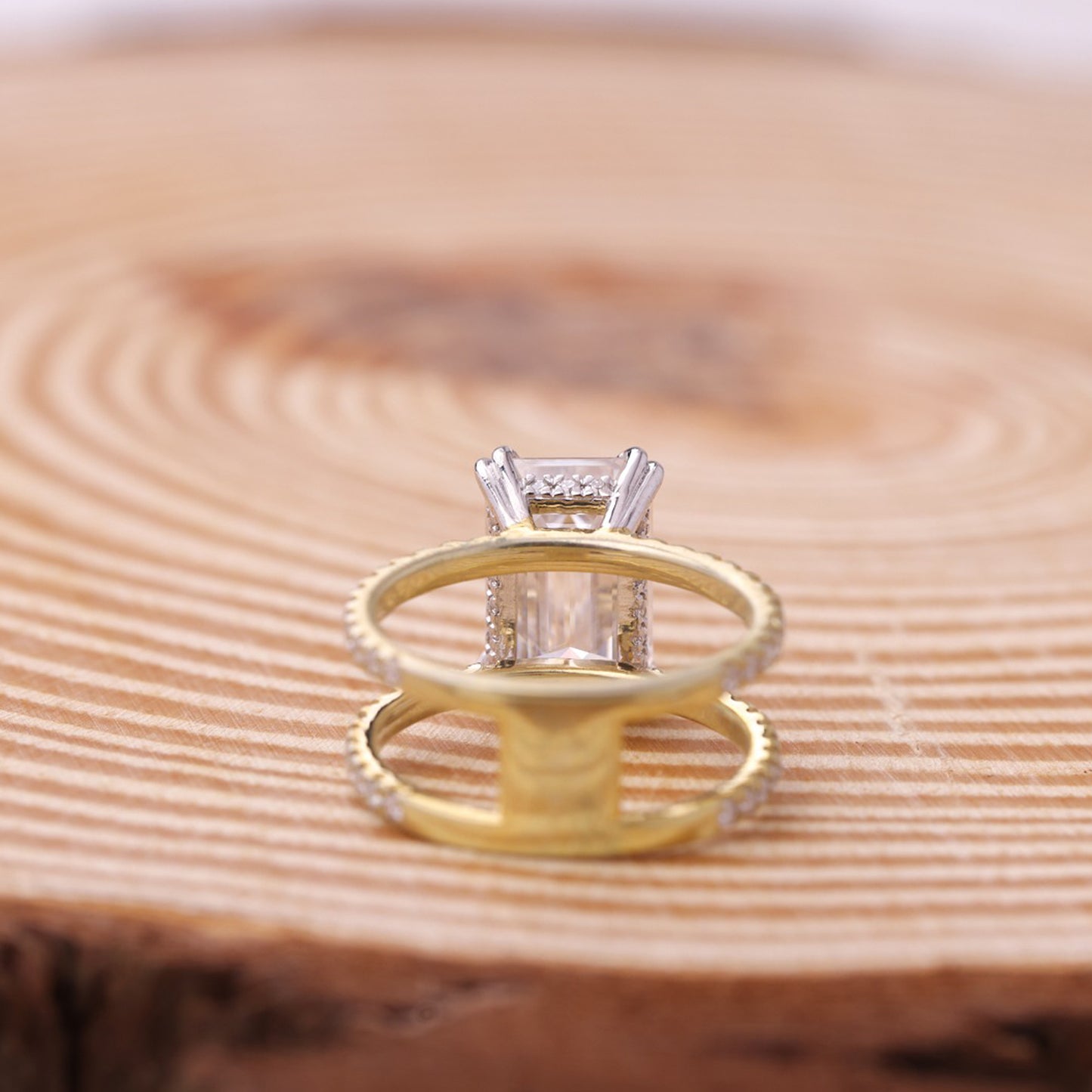 Emerald Moissanite Ring, 2.50 CT Double Band Yellow Gold Engagement Fine Jewelry With Sparkle