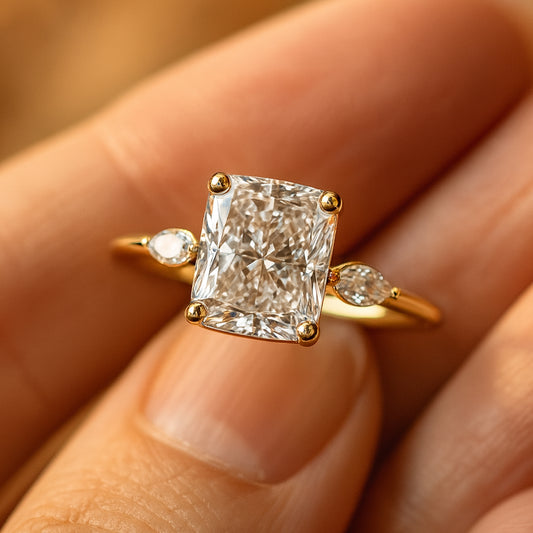 Luxury Cushion-Cut Diamond Engagement Ring Featuring Pear Side Diamonds On An 18K Yellow Gold Band, Handcrafted For Fine Jewelry Lovers In The USA.