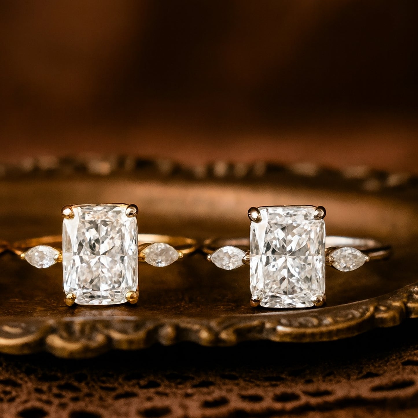 Luxury Cushion-Cut Diamond Engagement Ring Featuring Pear Side Diamonds On An 18K Yellow Gold Band, Handcrafted For Fine Jewelry Lovers In The USA