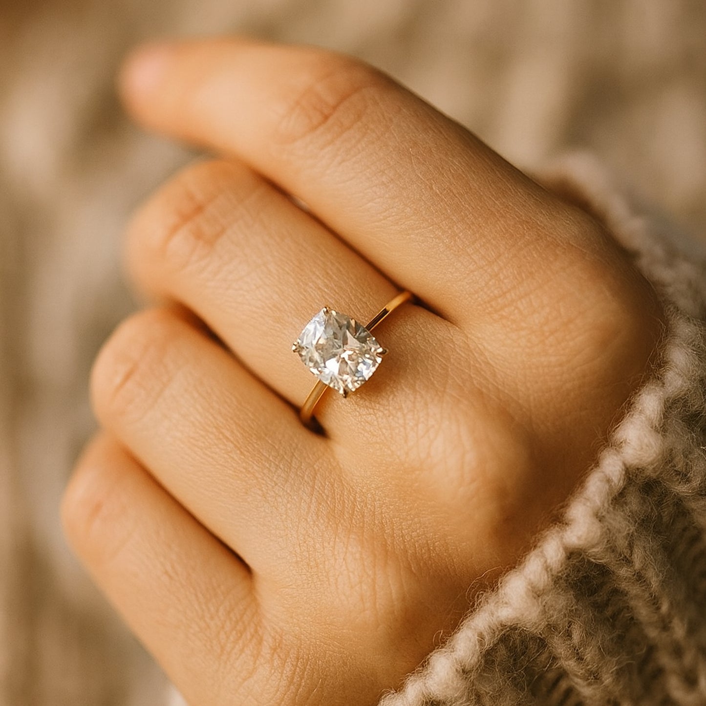 Cushion Cut Moissanite Gold Engagement Ring Offering Diamond-Like Shine, Designed For Brides Who Love Timeless Elegance.