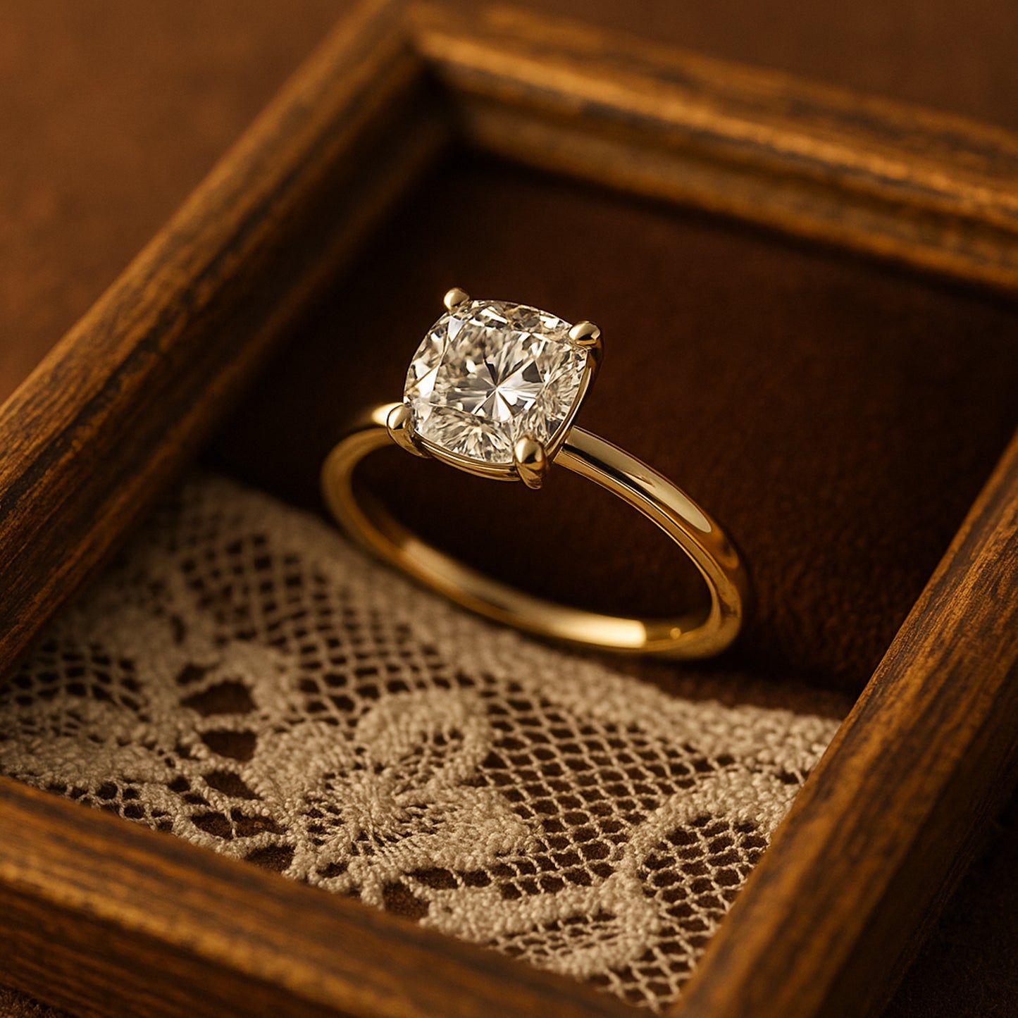 Diiro Cushion Cut Solitaire Moissanite Band Ring, Yellow Gold Engagement Jewelry With Diamond-Like Sparkle.