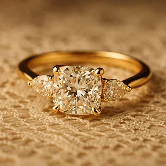 Cushion Cut Moissanite Engagement Ring With Pear Side Stones In Yellow Gold Three Stone Setting, Elegant Bridal Jewelry