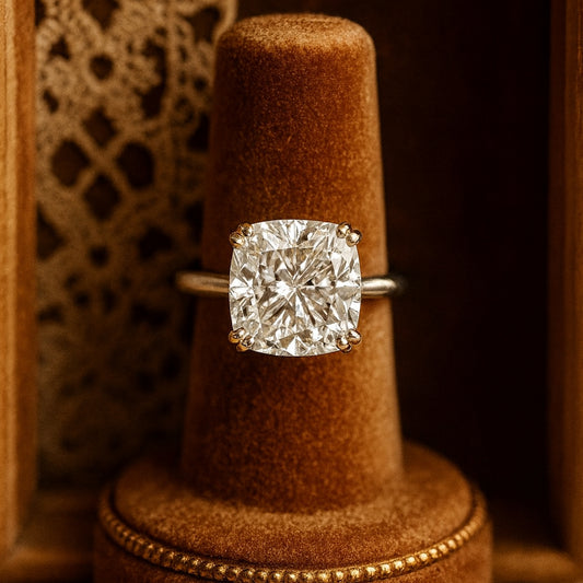 Elegant Female Engagement Ring Featuring Cushion Cut Moissanite In Classic Solitaire Setting For Timeless Sparkle And Grace