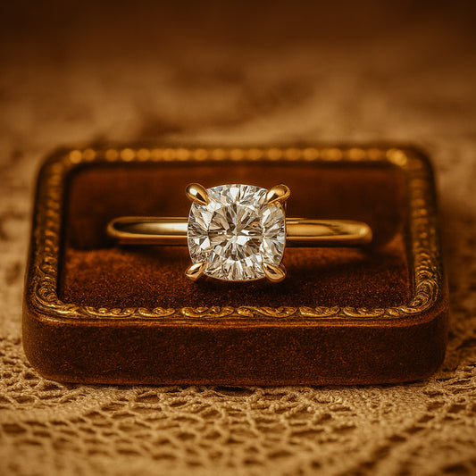 Diiro Cushion Cut Moissanite Solitaire Ring In 10K Yellow Gold, A Stunning Diamond-Like Engagement Ring For Brides.