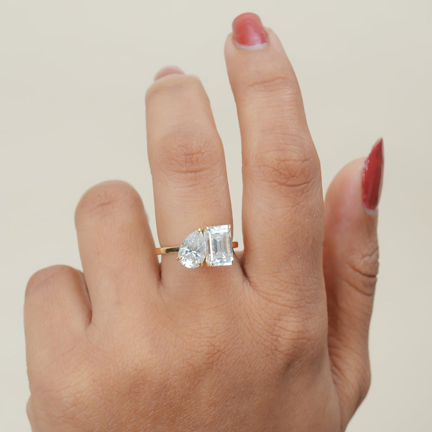 Toi Et Moi Yellow Gold Ring, Pear & Emerald Moissanite Engagement Fine Jewelry With Elegance