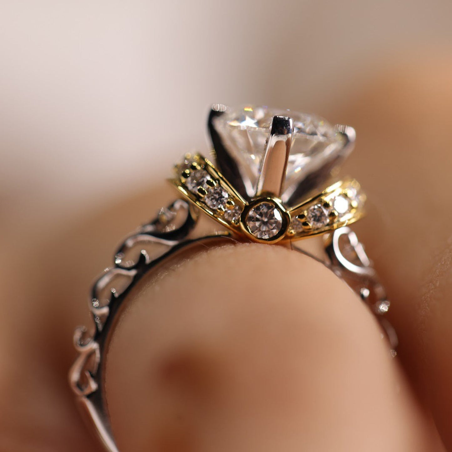 Moissanite Floral Two-Tone Ring, August Birthstone 14K Gold Engagement Fine Jewelry With Petal Details