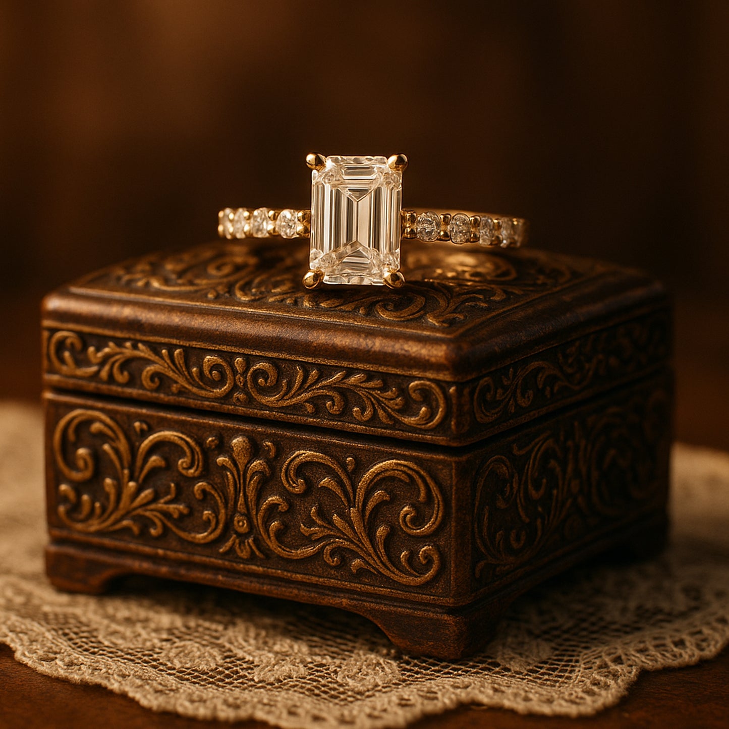 Timeless Emerald Cut Moissanite Engagement Ring With Accent Band, Ideal For Romantic Celebrations
