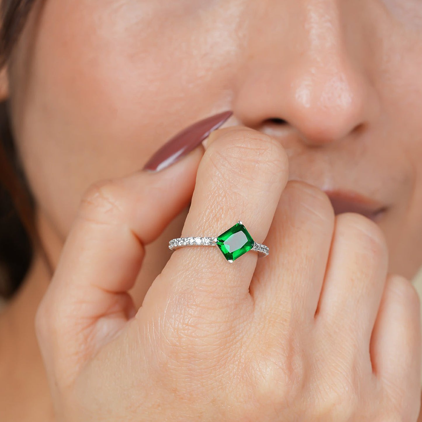 Radiant Cut 1.50 Ct Green Ring, Moissanite Pave Band 14K Gold Engagement Fine Jewelry With Sparkle
