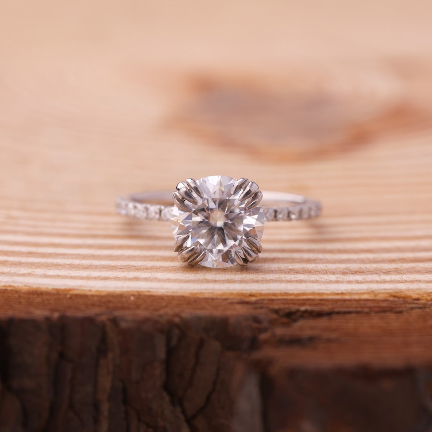 Moissanite Round Engagement Ring, Pavé Band Gold Fine Jewelry With Brilliance