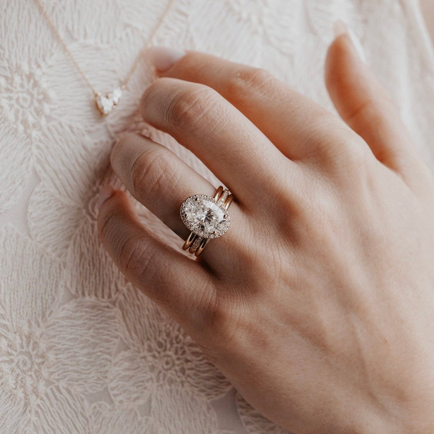 Oval Cut Moissanite Halo Ring With Pave Band, Rose Gold Engagement Fine Jewelry And Elegance
