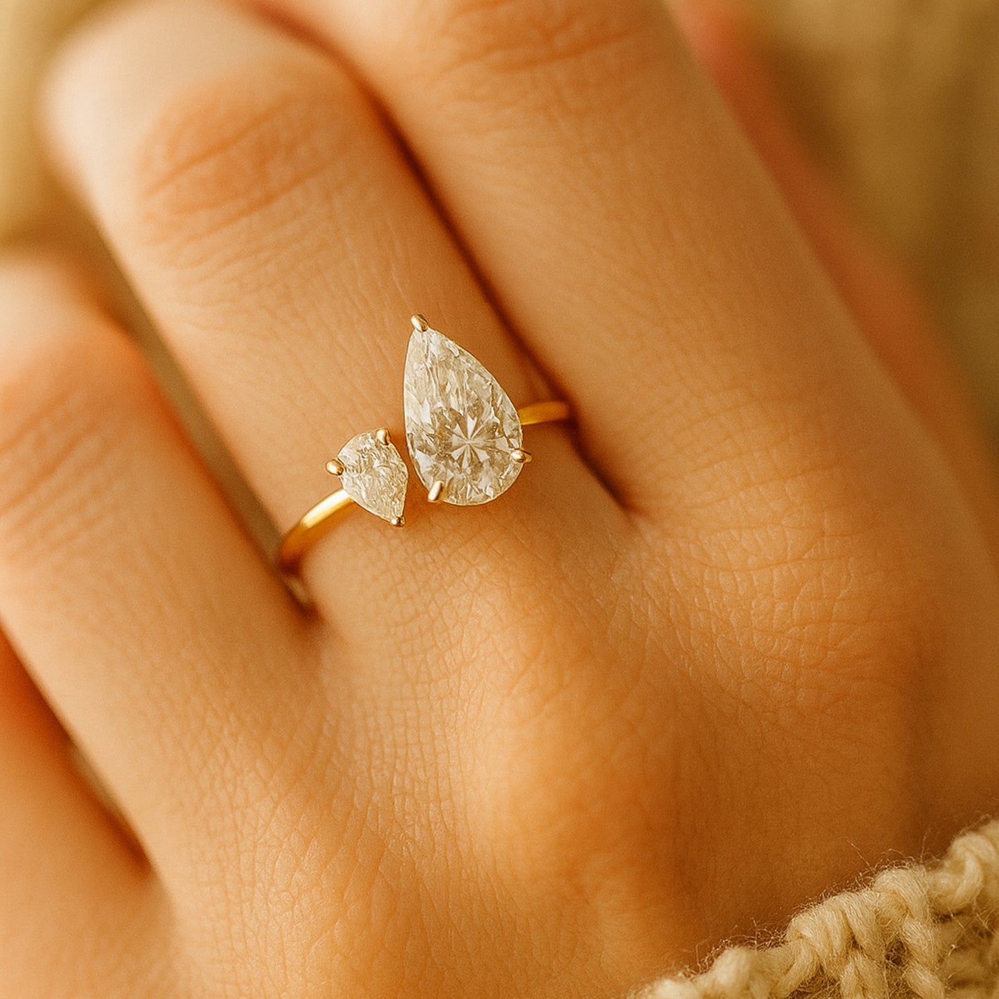 Toi Et Moi Engagement Ring With Double Pear Shaped Moissanite Stones And Diamond-Like Radiance For Romantic Proposals