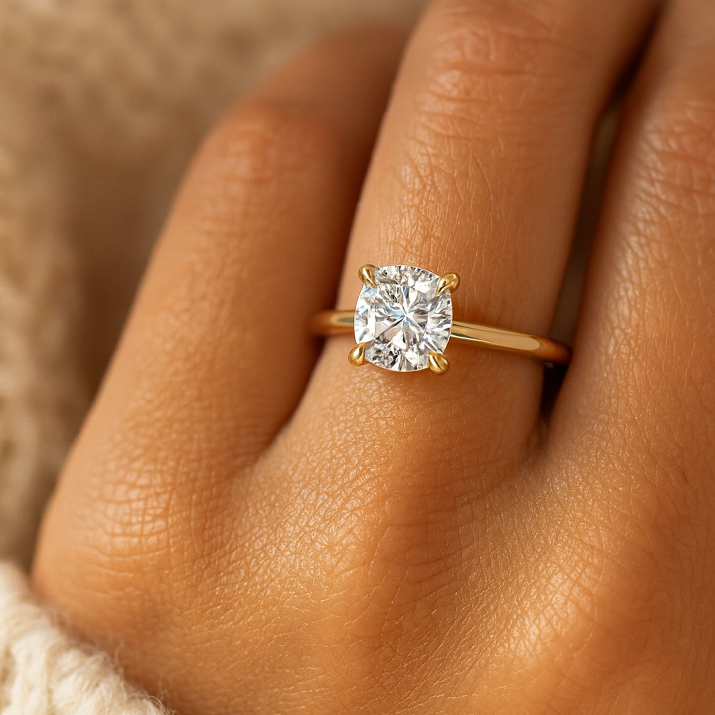 Cushion Cut Moissanite Engagement Ring With Gold Band, Elegant Diamond Alternative Ring Perfect For Brides.