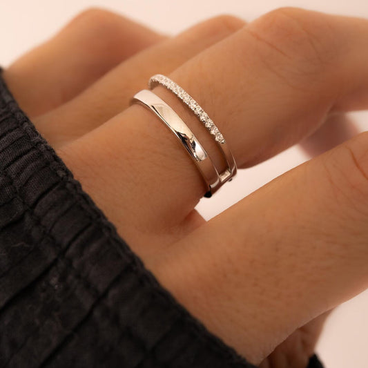 Double Band Gold Ring with Dainty Moissanite Ring Modern Stackable Ring