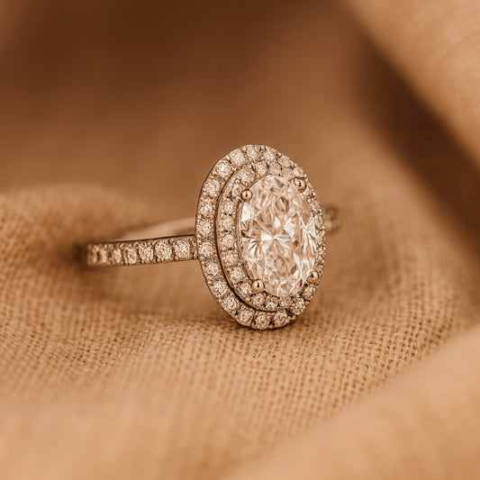 Oval Moissanite Ring VVS1 Clarity Diamond Alternative Double Halo Setting With Pave Accents In White Gold