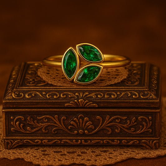 18K Gold Emerald Leaf Ring – Three Marquise-Cut Green Gemstones | Luxury Nature-Inspired Fine Jewelry
