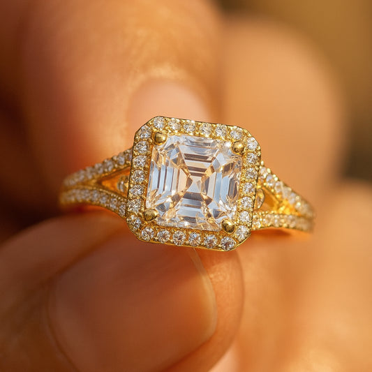 Halo Moissanite Engagement Ring With Asscher Cut Stone In Gold, Radiating Diamond-Like Sparkle For Modern Brides.