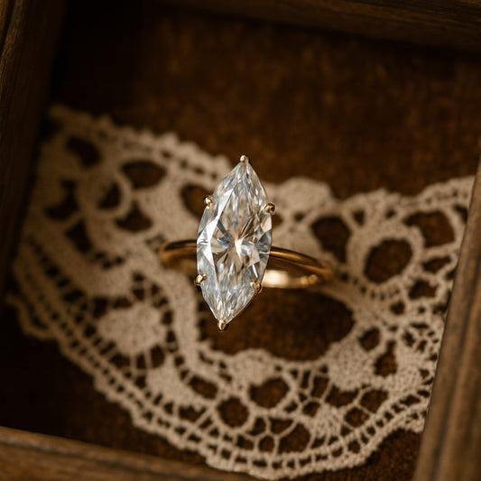 Sparkling Marquise Moissanite Engagement Ring Featuring Brilliant Diamond-Like Fire And Gold Band