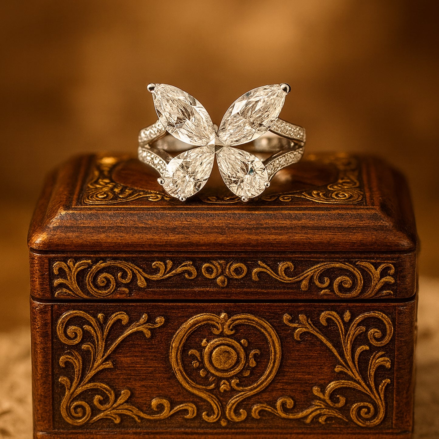 Dazzling White Gold Moissanite Ring With Four Marquise Cuts Forming A Floral Diamond-Inspired Design For Modern Women