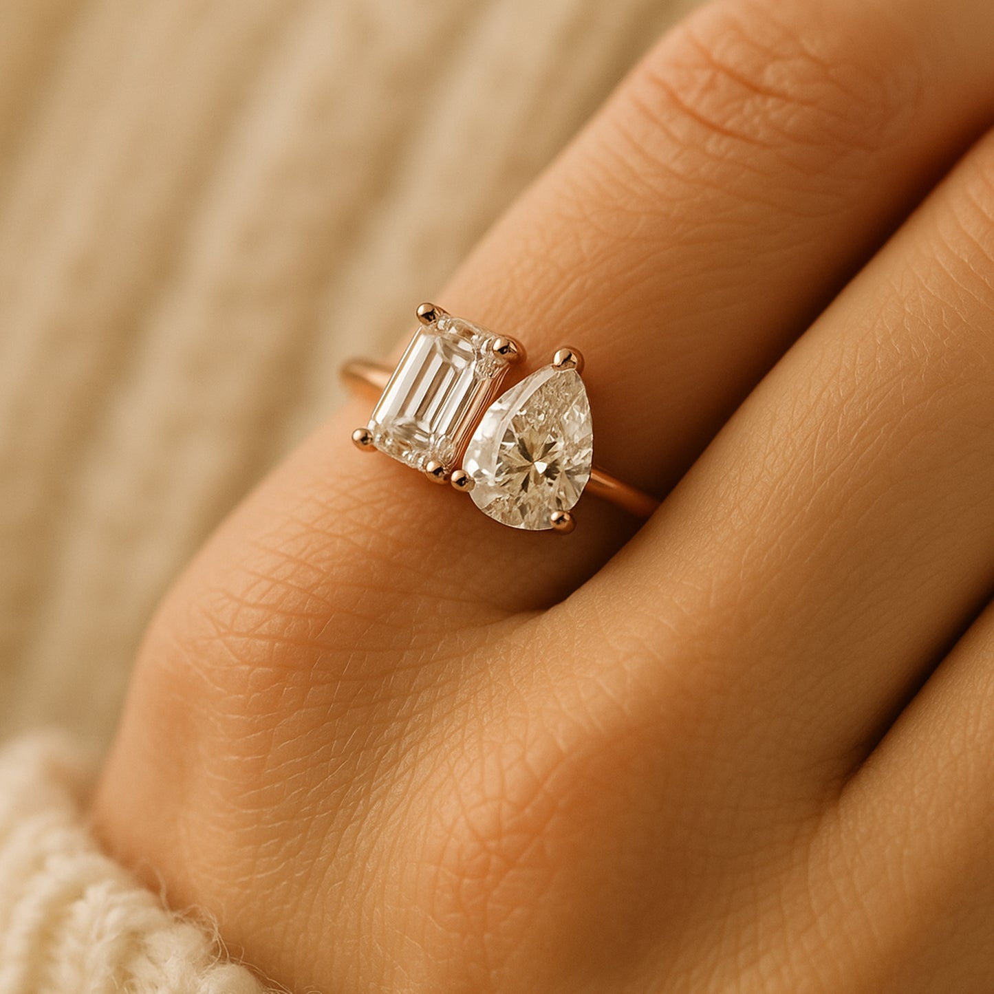 Elegant Toi Et Moi Emerald Cut And Pear Shape Moissanite Engagement Ring Symbolizing Two Souls United In Modern Romance.