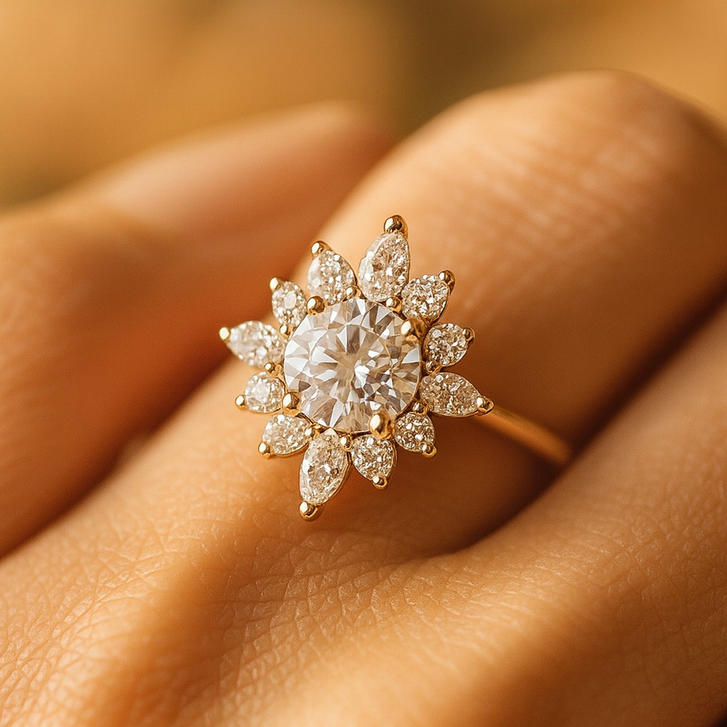Sparkling Moissanite Wedding Ring With Round And Marquise Diamond-Look Petals Creating A Flower Shape.