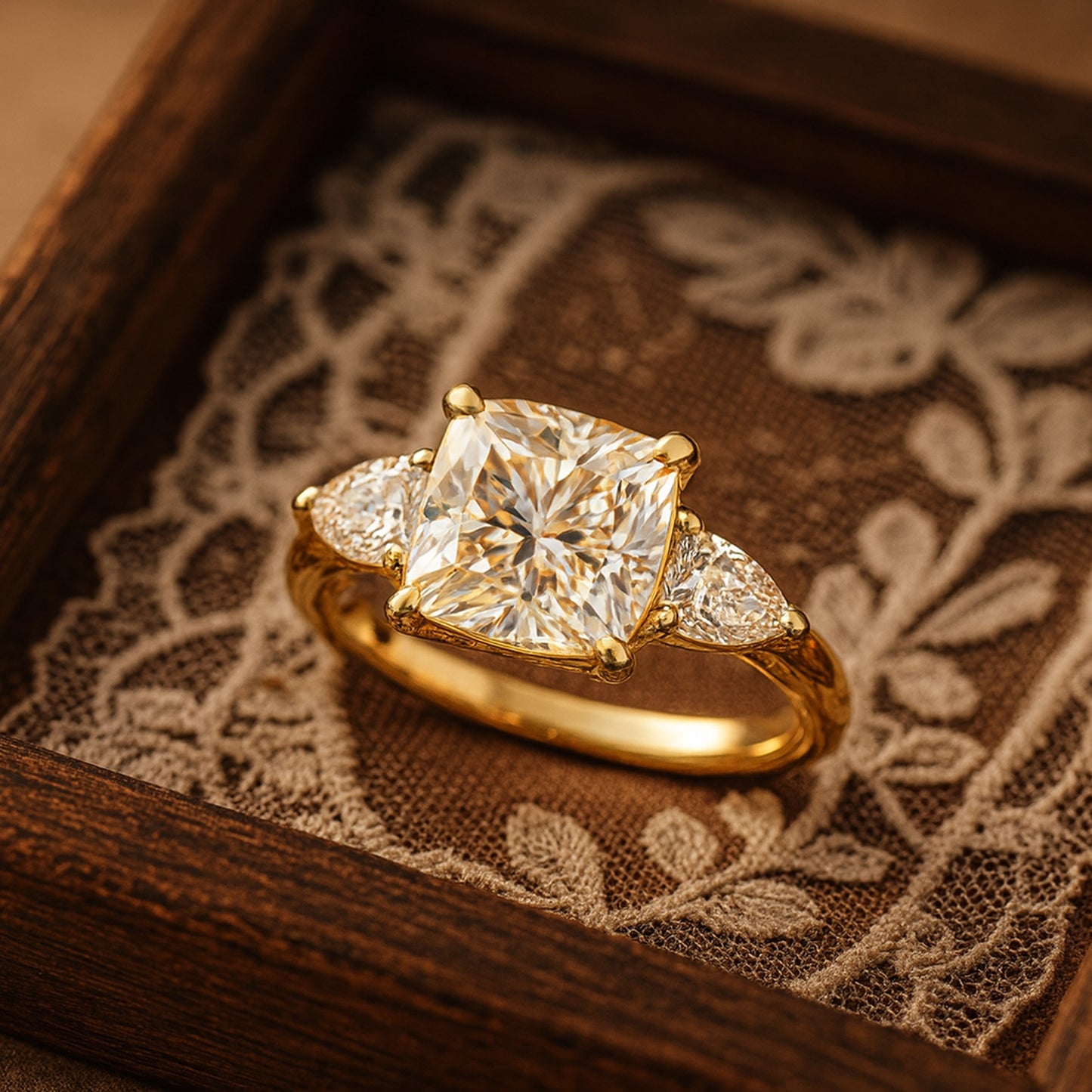 Cushion Cut Moissanite Engagement Ring Set In Yellow Gold With Sparkling Pear Side Stones, Vintage Inspired