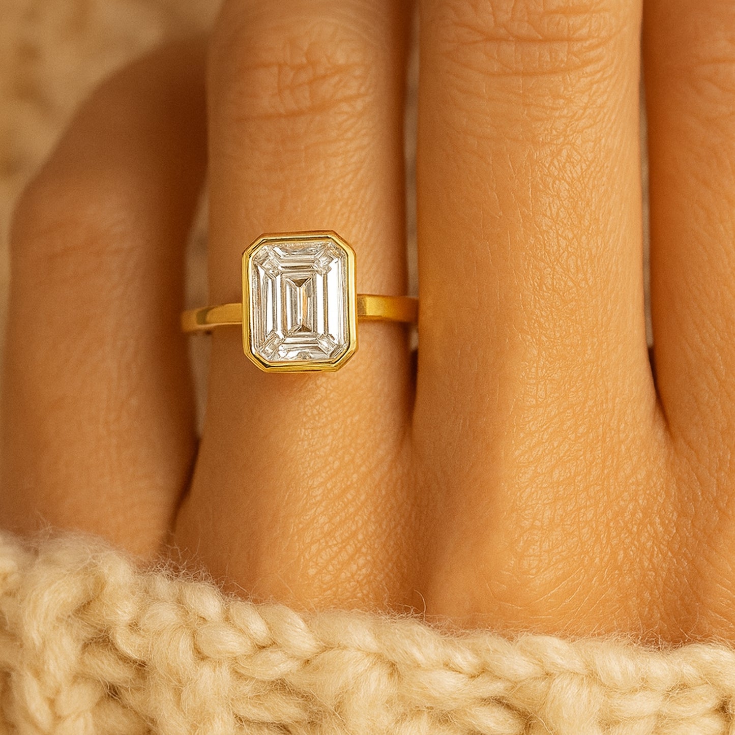 Luxurious March Birthstone Ring Featuring Emerald Cut Moissanite, A Sustainable And Brilliant Alternative To Diamonds.