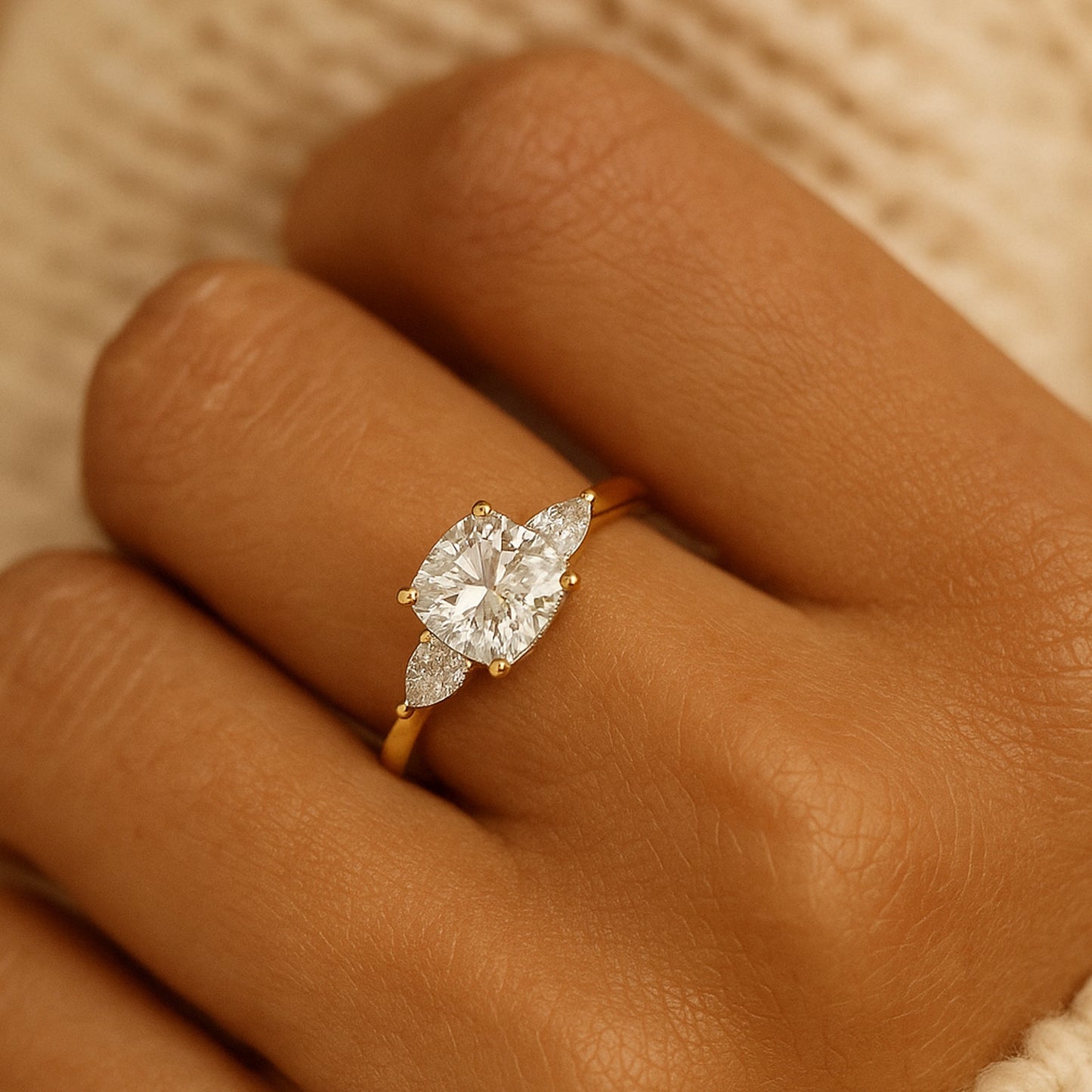 Exquisite Cushion Cut Moissanite Ring With Pear Side Stones, Gold Three Stone Engagement Ring For Her