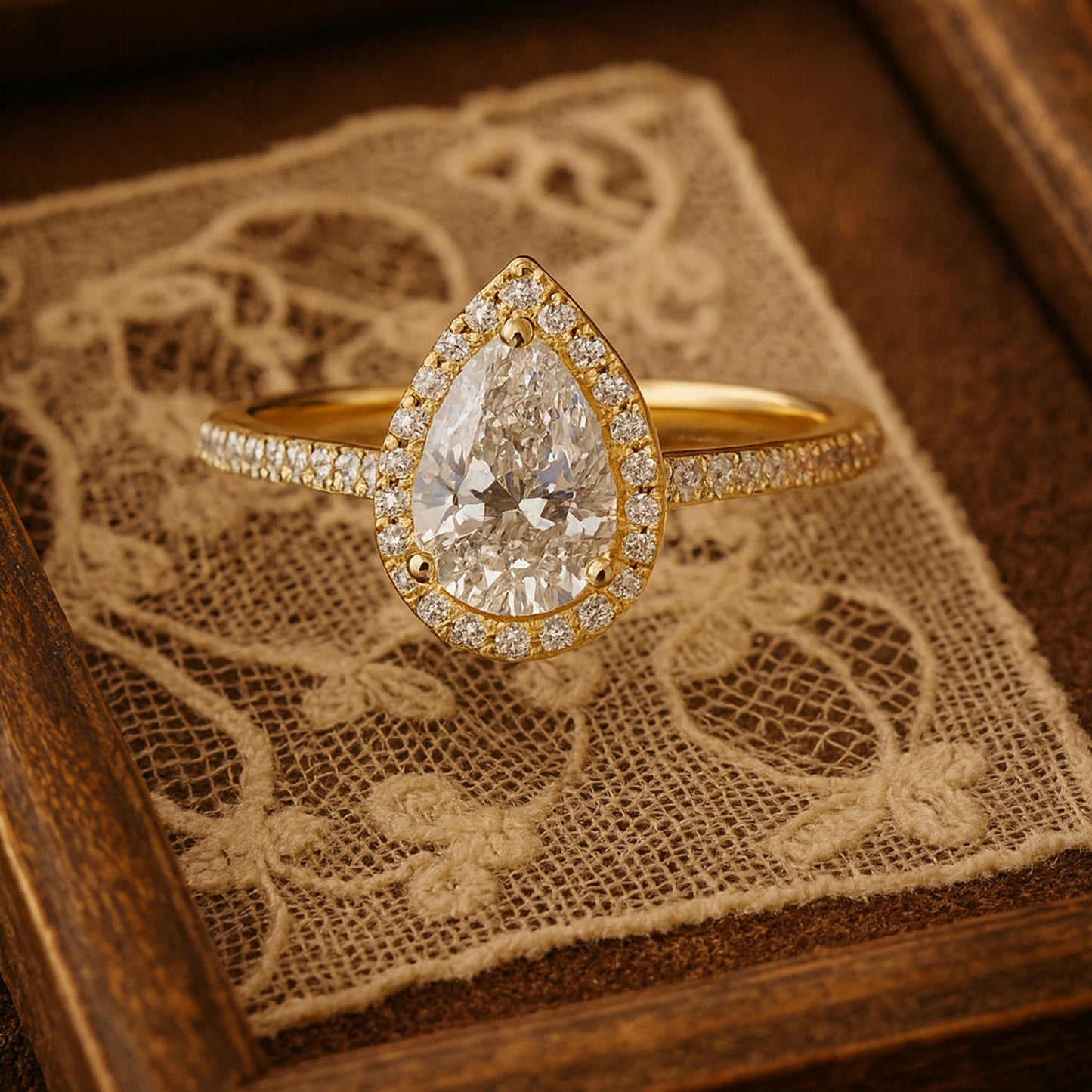 Pear Cut Moissanite Halo And Pave Style Engagement Ring In 18K Yellow Gold With Diamond-Like Sparkle