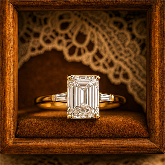 2 CT Emerald Cut Lab Diamond Ring With Baguette Side Stones In 18K Yellow Gold - Diiro Engagement Jewelry"