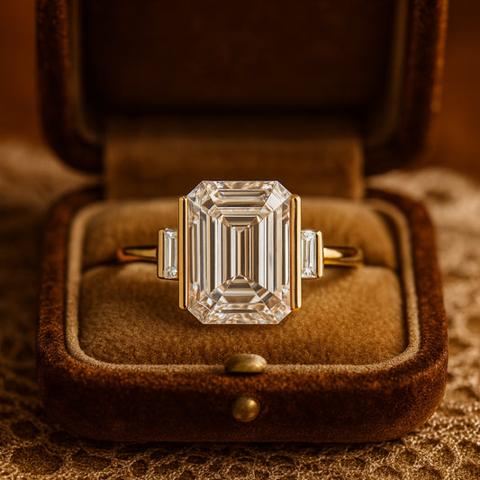 Classic Emerald Cut Diamond Engagement Ring In 18K Yellow Gold With Three Stone Tapered Design.