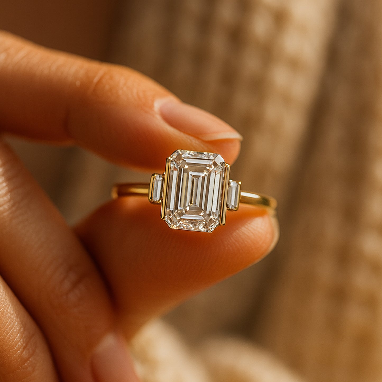 Emerald Cut Diamond Three Stone Engagement Rings In 18K Yellow And White Gold With Baguette Accents.