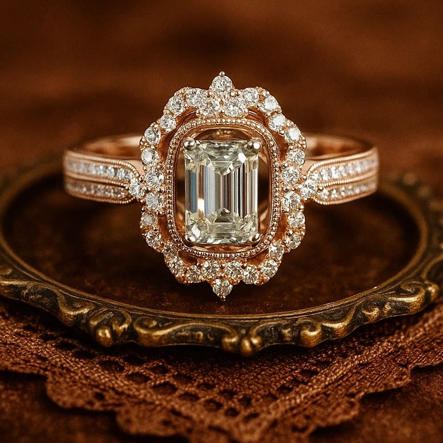 Elegant Emerald Cut Double Halo Diamond Engagement Ring In 14K Rose Gold With Center Radiant Stone.