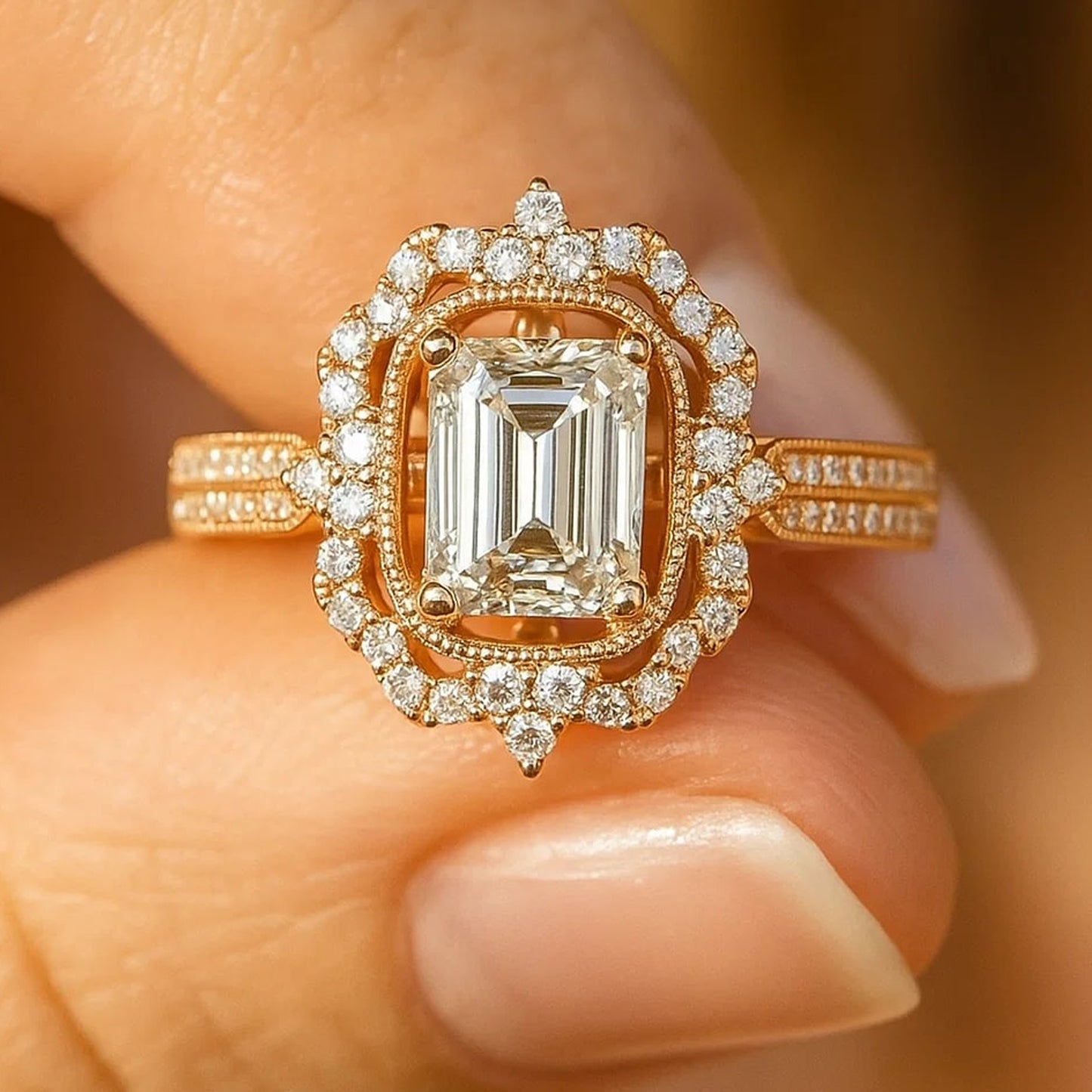 Emerald Cut Double Halo Diamond Engagement Ring In 14K Rose Gold With Vintage Filigree Detailing.