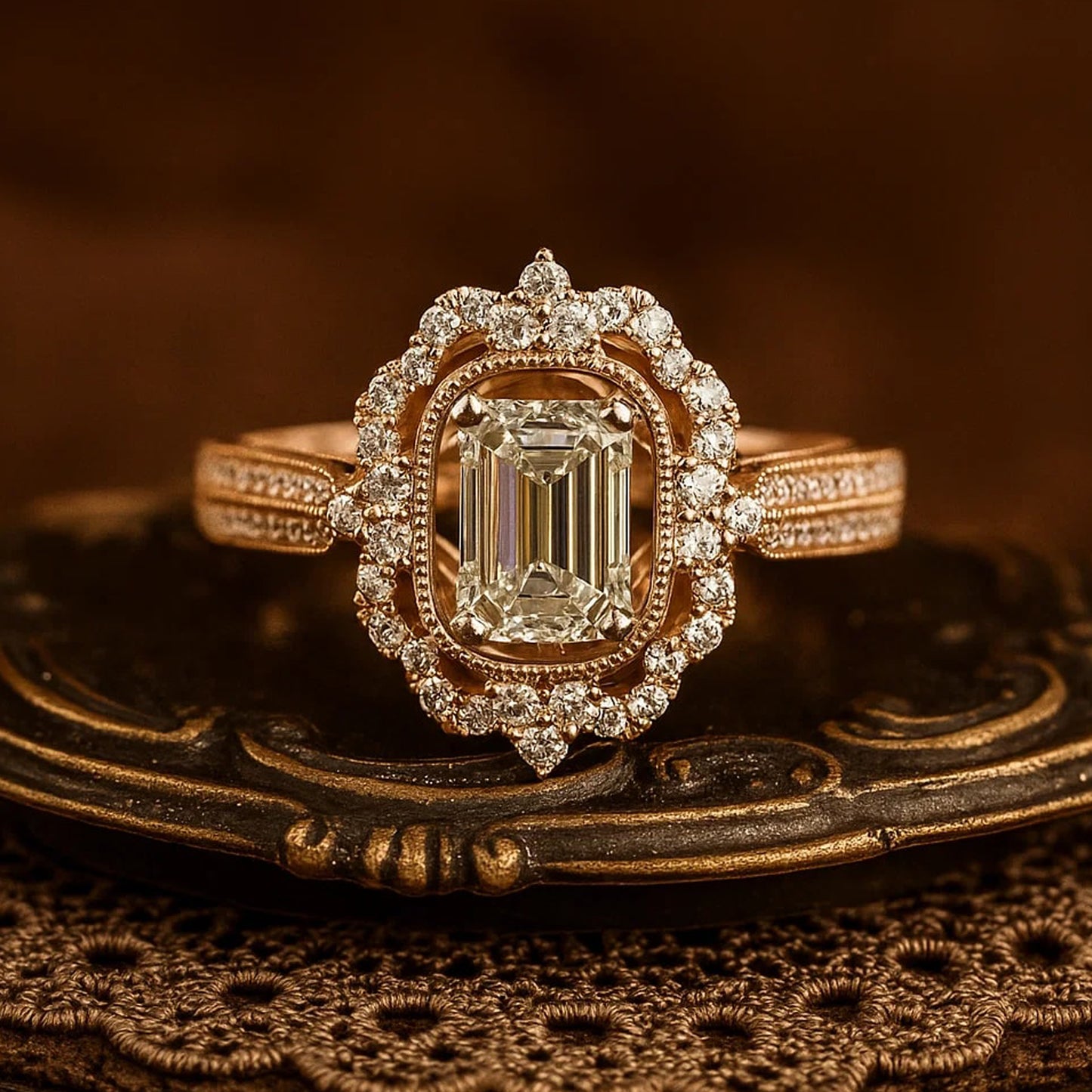 Emerald Cut Double Halo Diamond Engagement Ring In 14K Rose Gold Designed For Luxury And Elegance.