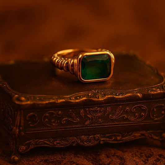 Vintage Inspired Gold Emerald Cut Green Gemstone Ring – Timeless Artisan Fine Jewelry Design