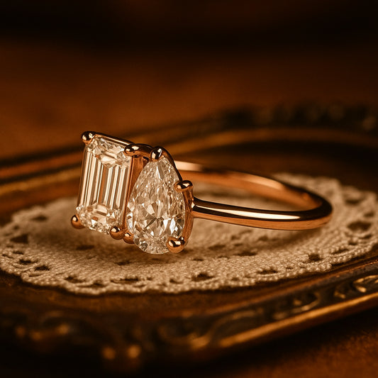 Elegant Toi Et Moi 2 CT Moissanite Ring Featuring Emerald And Pear Shapes, Handcrafted To Capture Modern Love And Luxury.