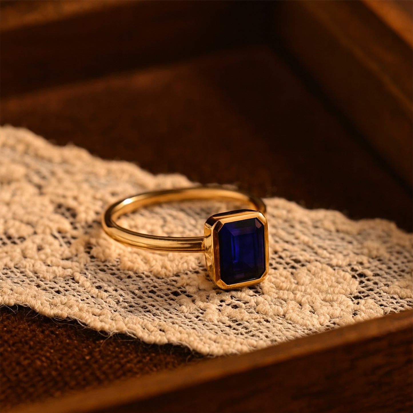 Emerald Cut Blue Sapphire Ring In 18K Gold On Velvet Jewelry Display