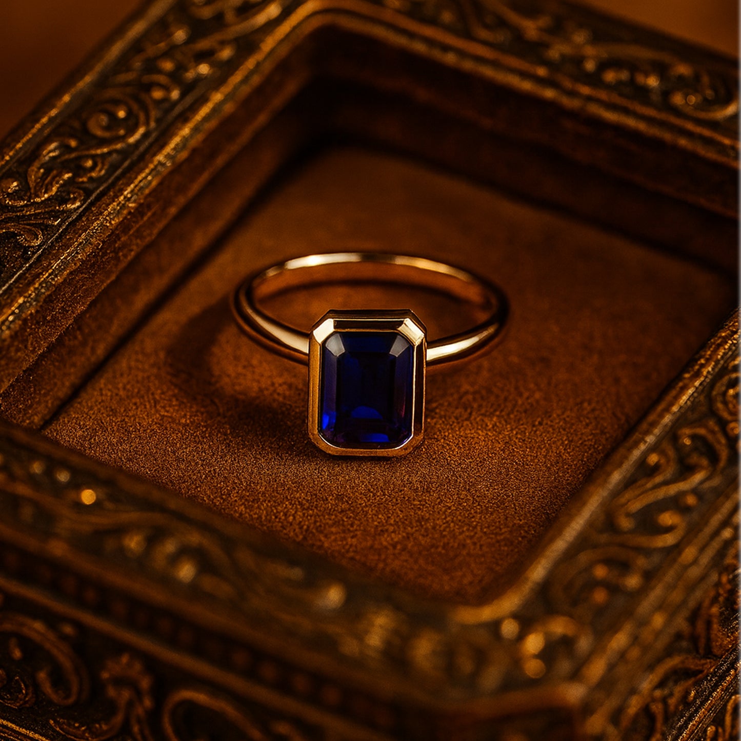 Emerald Cut Blue Sapphire Solitaire Ring In 18K Solid Gold
