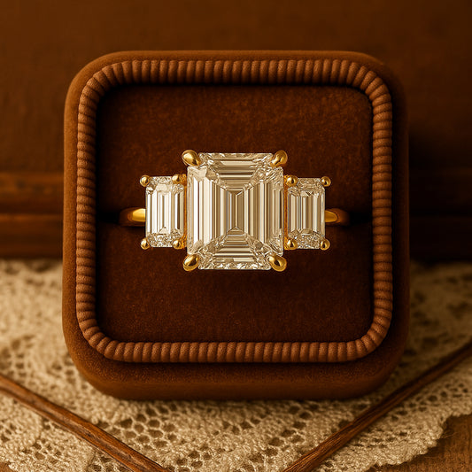 September Born Birthstone Luxury Three Stone Emerald Cut Moissanite Ring With Diamond Style Brilliance In A Gold Setting For Elegant Fine Jewelry.