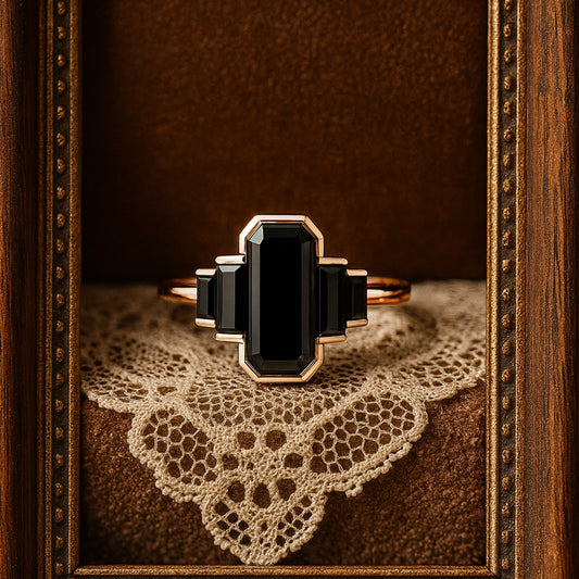 Vintage Cocktail Ring Emerald Cut Black Onyx Moissanite Art Deco Rose Gold Statement Jewelry Gift Gatsby Gemstone
