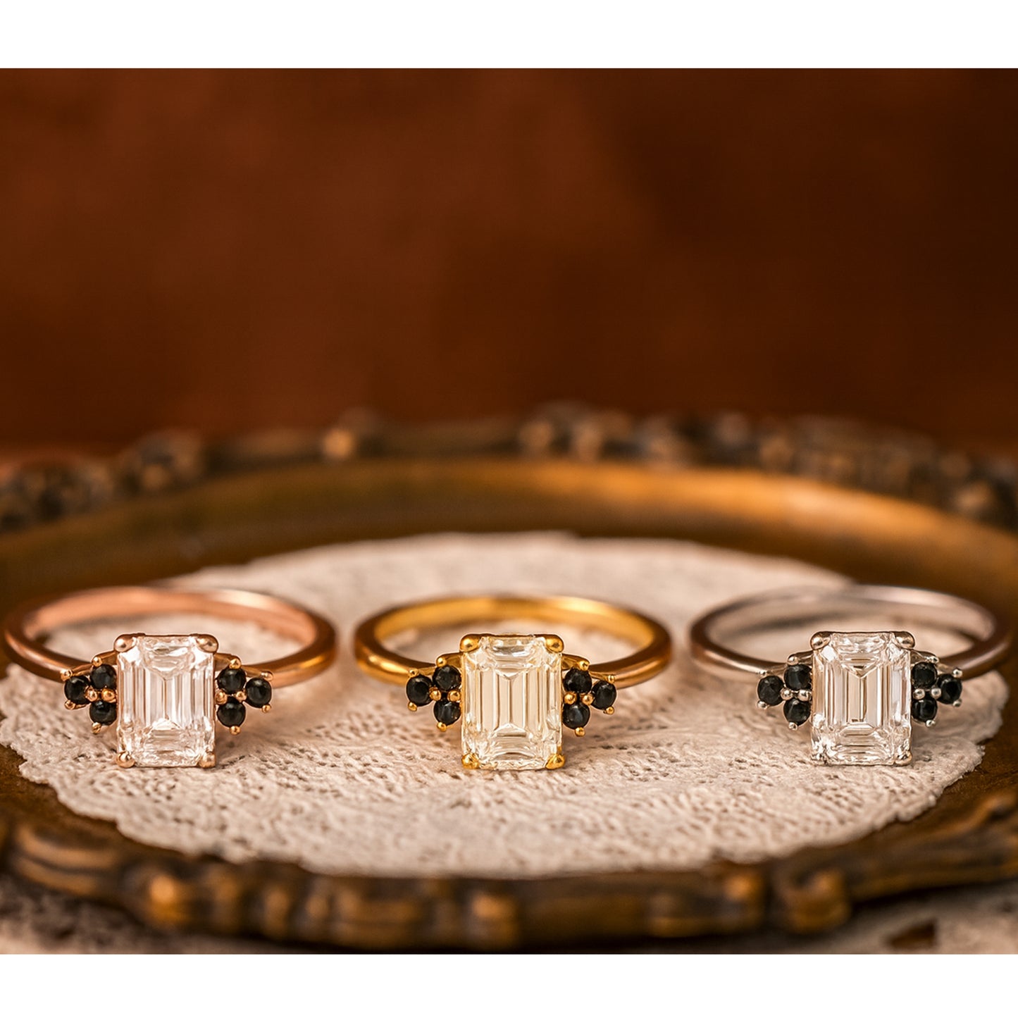 14K Yellow Gold Vintage Wedding Band Emerald Rings